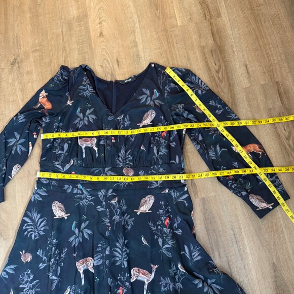 eShakti Navy Woodland Flora Fauna Floral Maxi Dress Long Sleeve Cute V Neck 2X - Picture 6 of 8